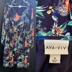 Tropical floral dress on navy background